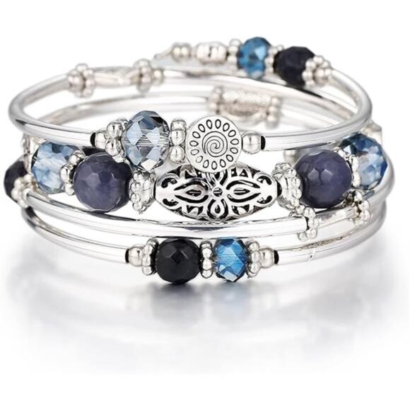 Boho beaded bracelet stack silver layered wrap crystal bangle fashion jewelry - Picture 7 of 7